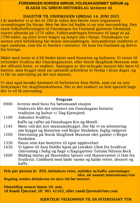 Dagstur til Finnskogen lørdag 14. juni 2025